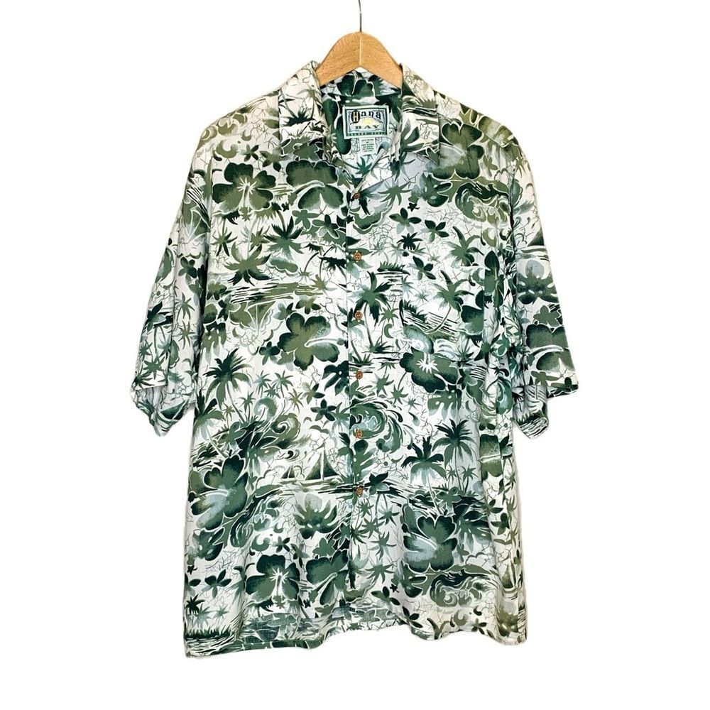 Vintage Hana Bay Hawaiian Palm Tree Print Shirt Mens Size M Short Sleeve Button